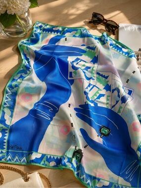 Bob Mackie Silk Scarf Lady Playing Cards in Blue Gloves print Knickerbocker